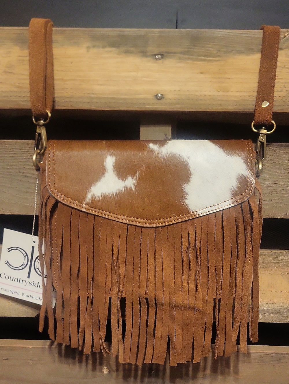 Sadie Cowhide Fringe Crossbody Bag in Tan -